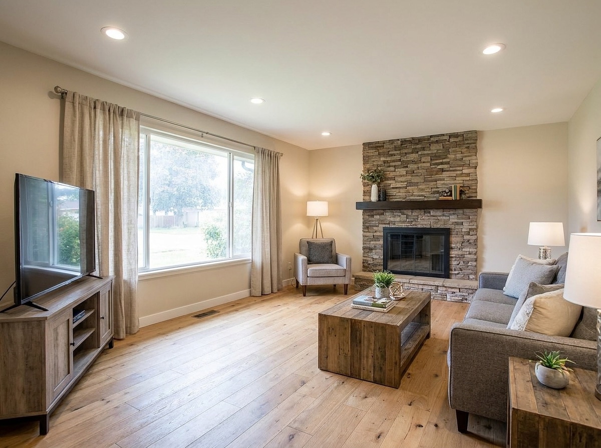 Refreshed living room with stone fireplace and hardwood floors after renovation