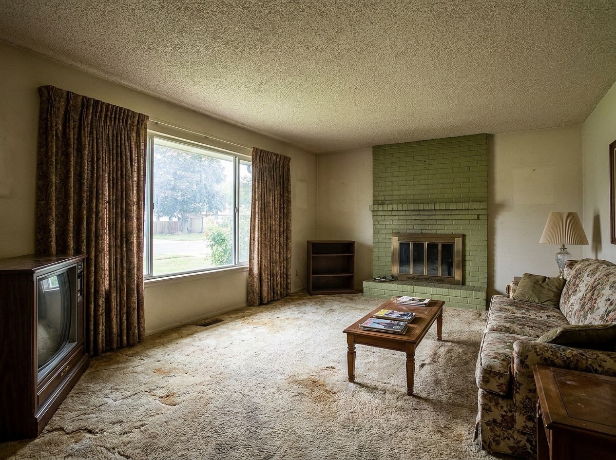 Dated living room with old carpet and painted brick fireplace before renovation
